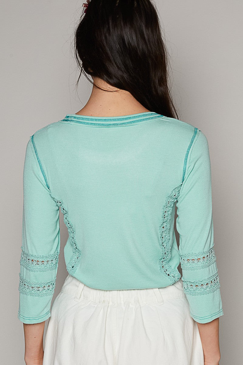 POL Round Neck Lace Trim Stitch Detail Top