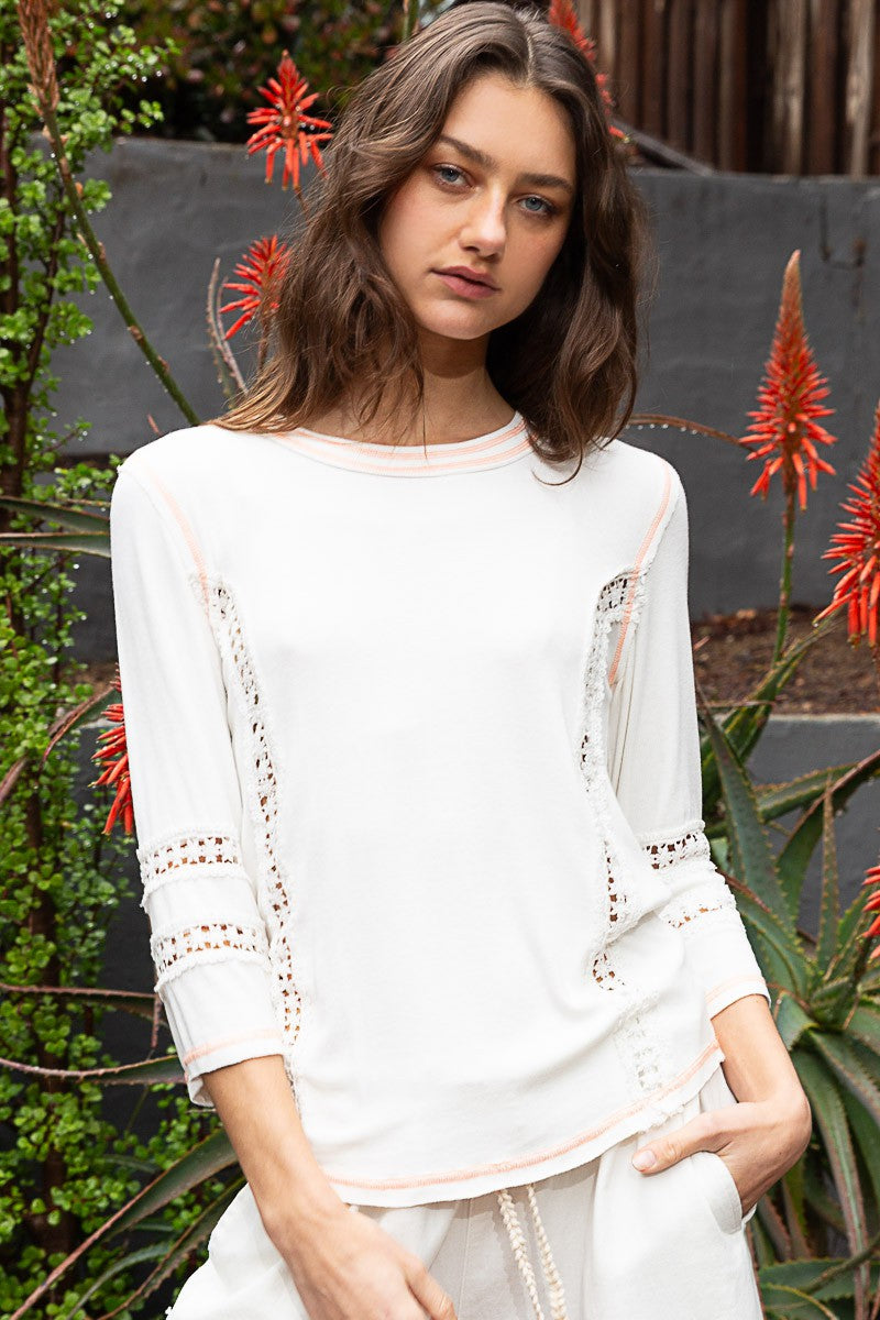 POL Round Neck Lace Trim Stitch Detail Top