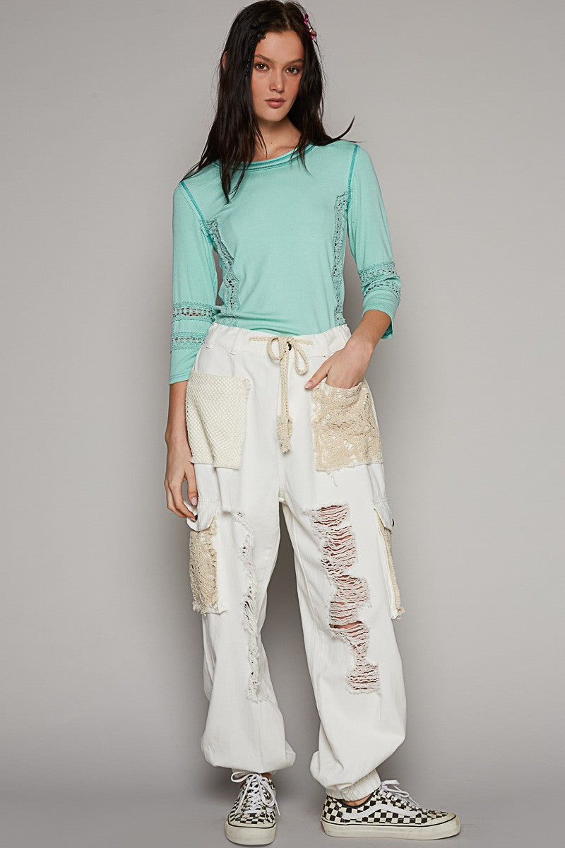 POL Round Neck Lace Trim Stitch Detail Top