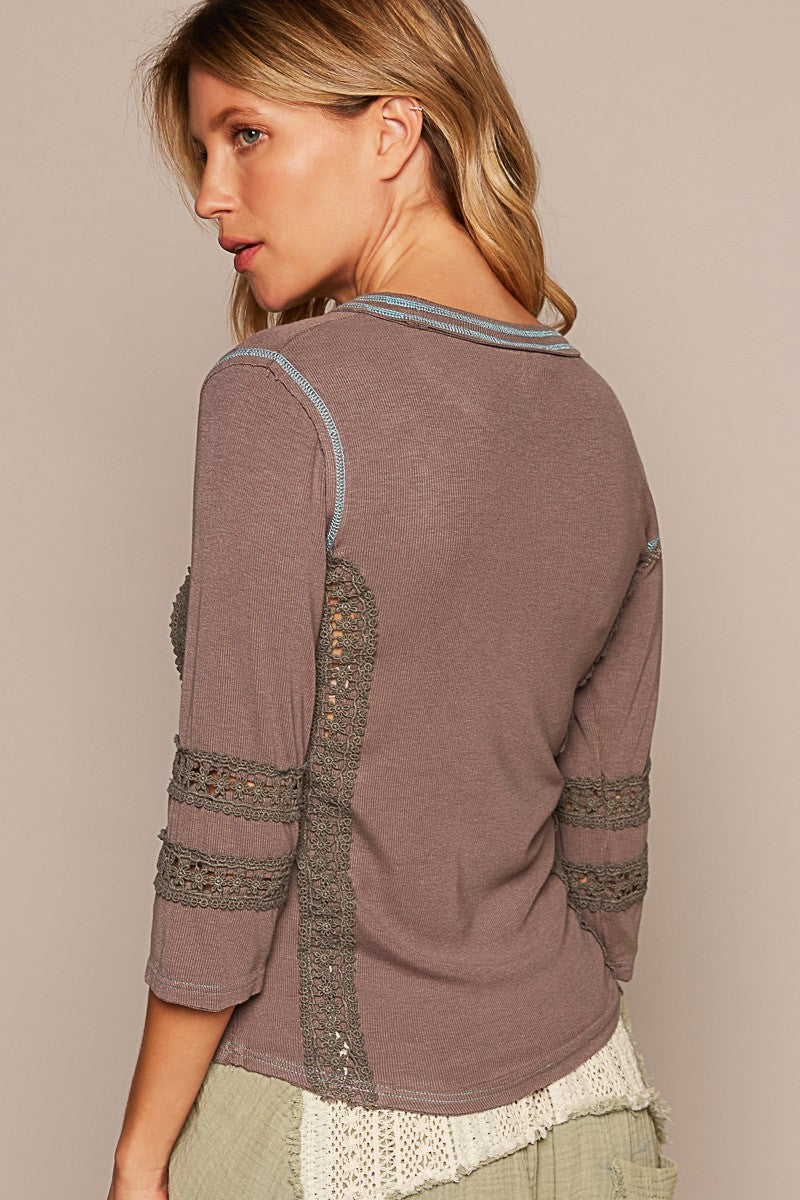 POL Round Neck Lace Trim Stitch Detail Top