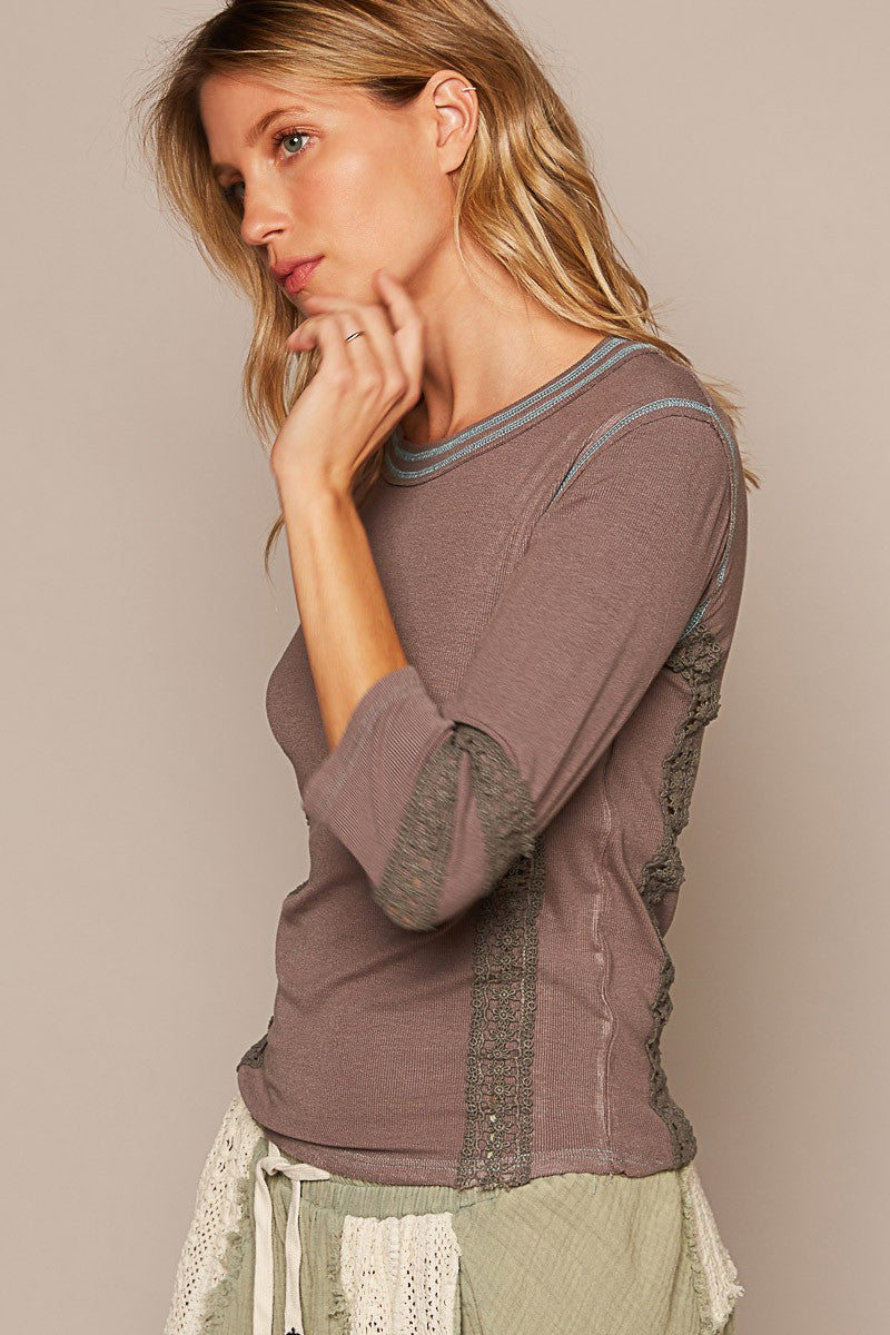 POL Round Neck Lace Trim Stitch Detail Top