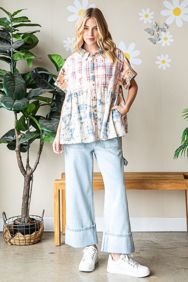 Oli & Hali Bleeched Plaid Shirt Top