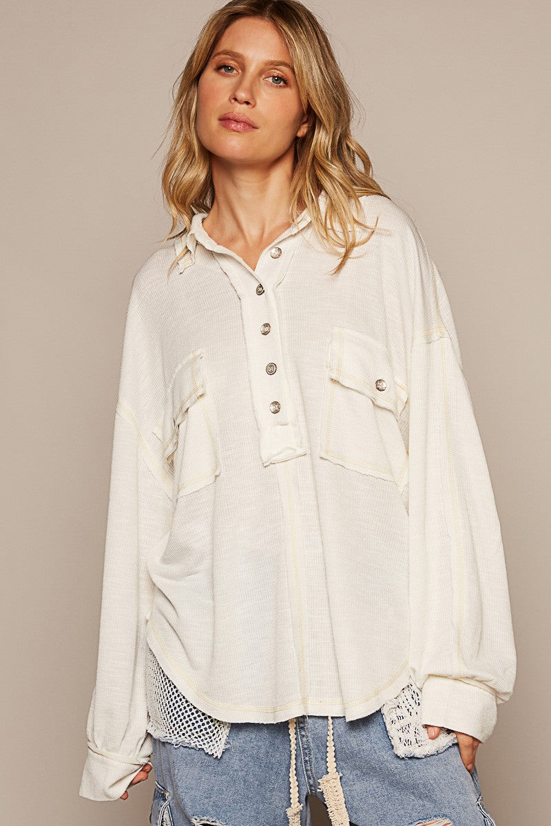 POL Vintage Washing Long Sleeve Front Pocket Top