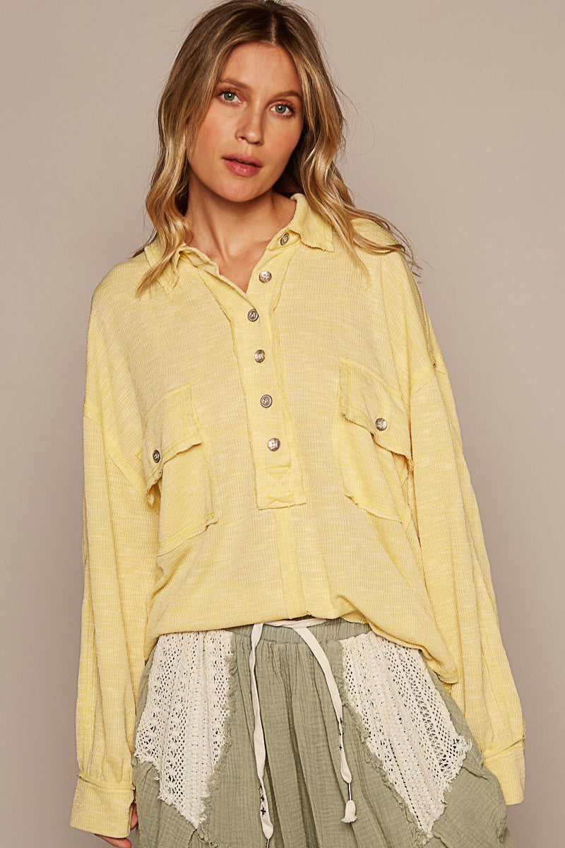 POL Vintage Washing Long Sleeve Front Pocket Top