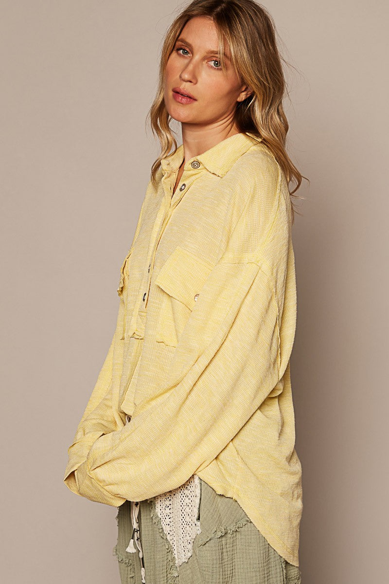 POL Vintage Washing Long Sleeve Front Pocket Top