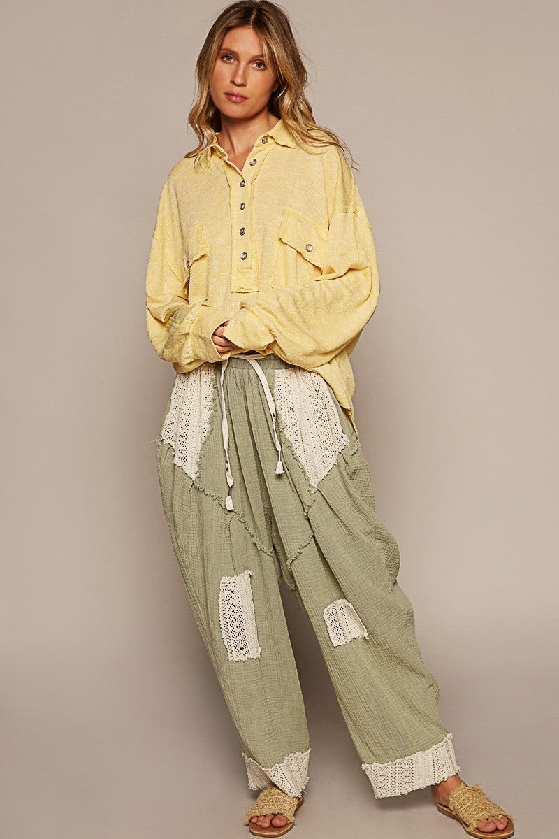 POL Vintage Washing Long Sleeve Front Pocket Top