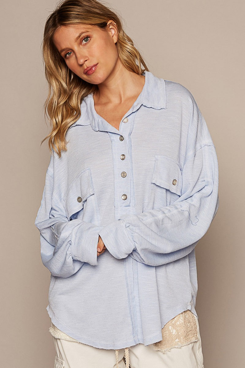 POL Vintage Washing Long Sleeve Front Pocket Top