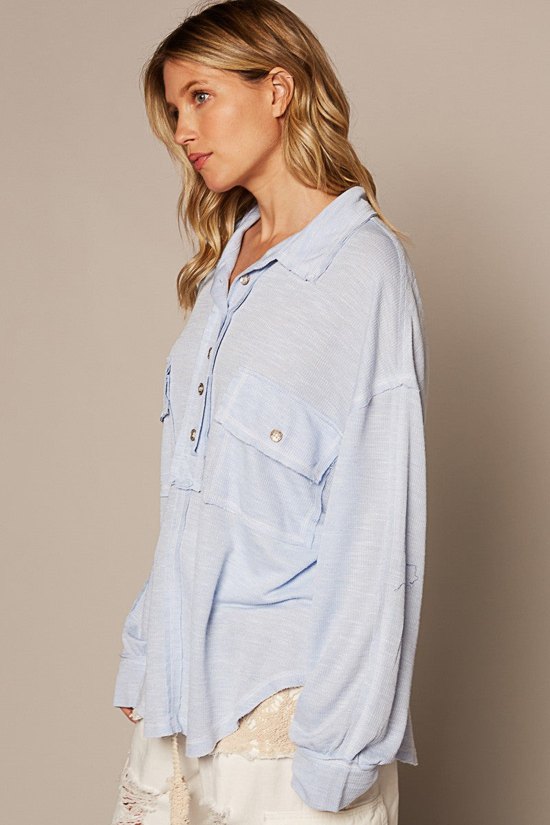 POL Vintage Washing Long Sleeve Front Pocket Top