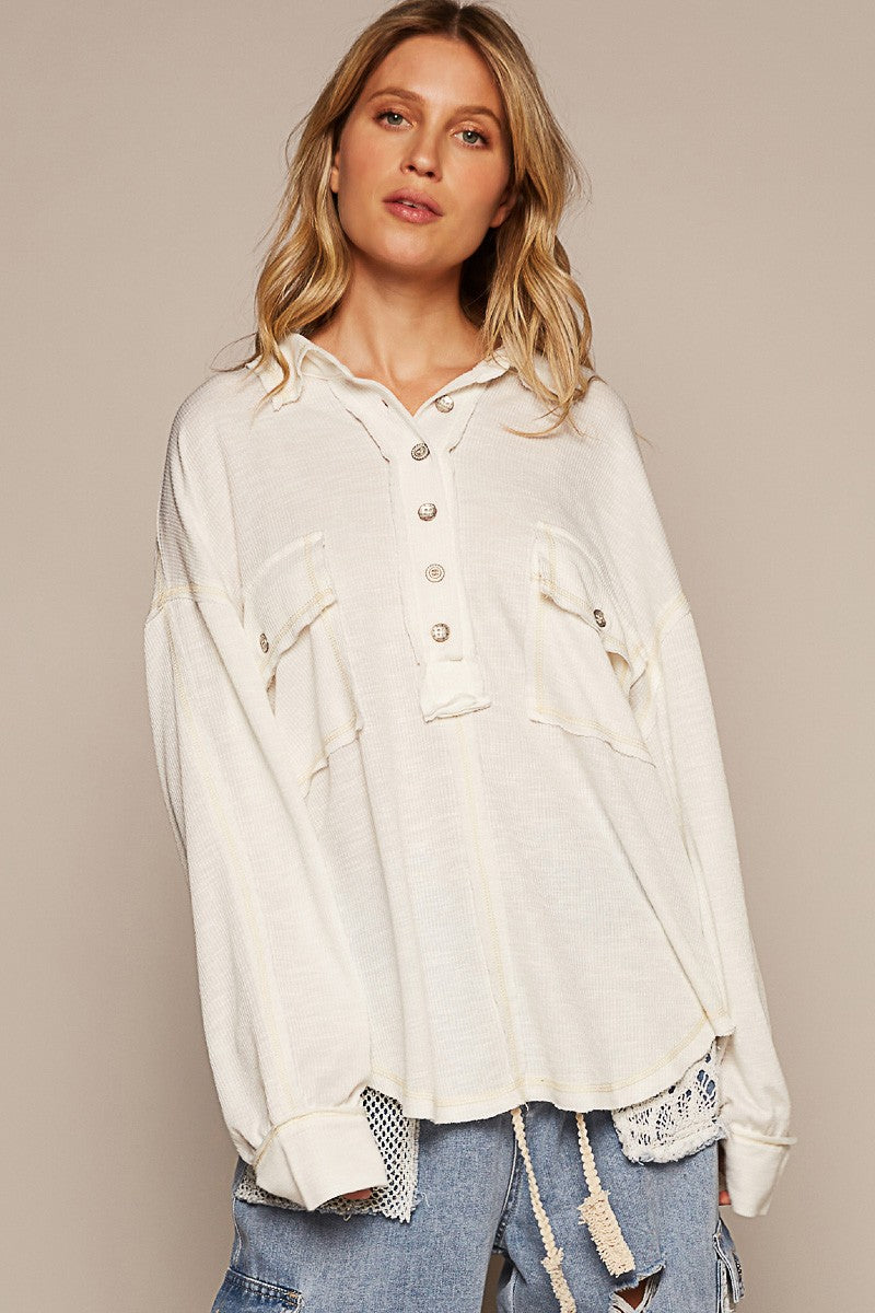 POL Vintage Washing Long Sleeve Front Pocket Top