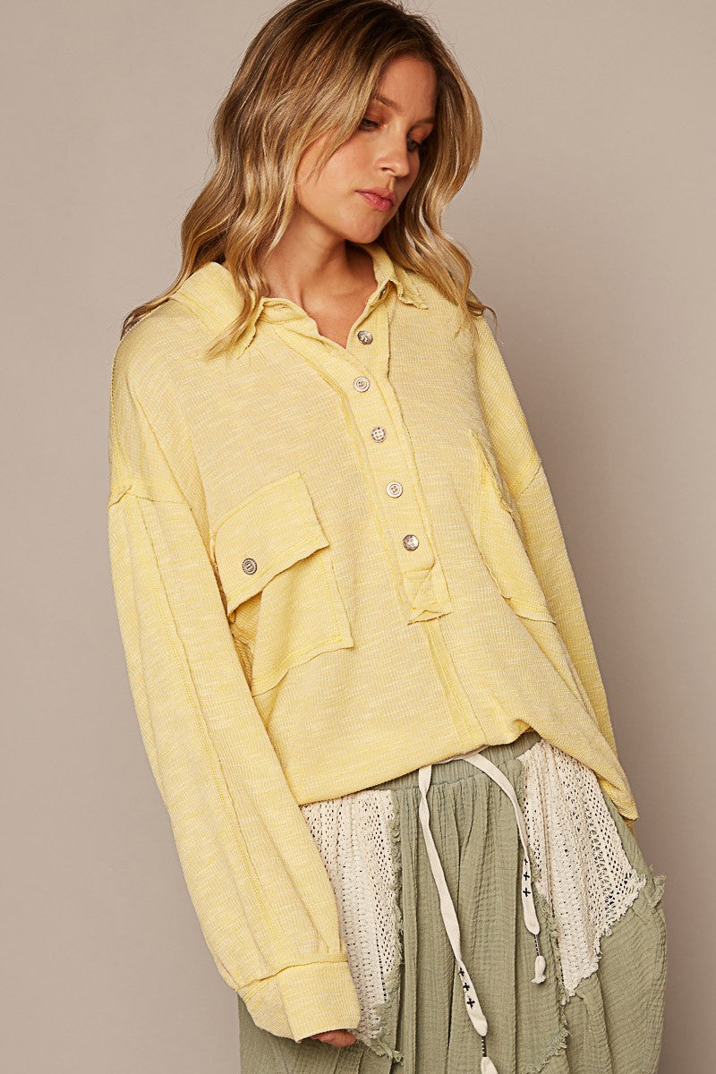 POL Vintage Washing Long Sleeve Front Pocket Top