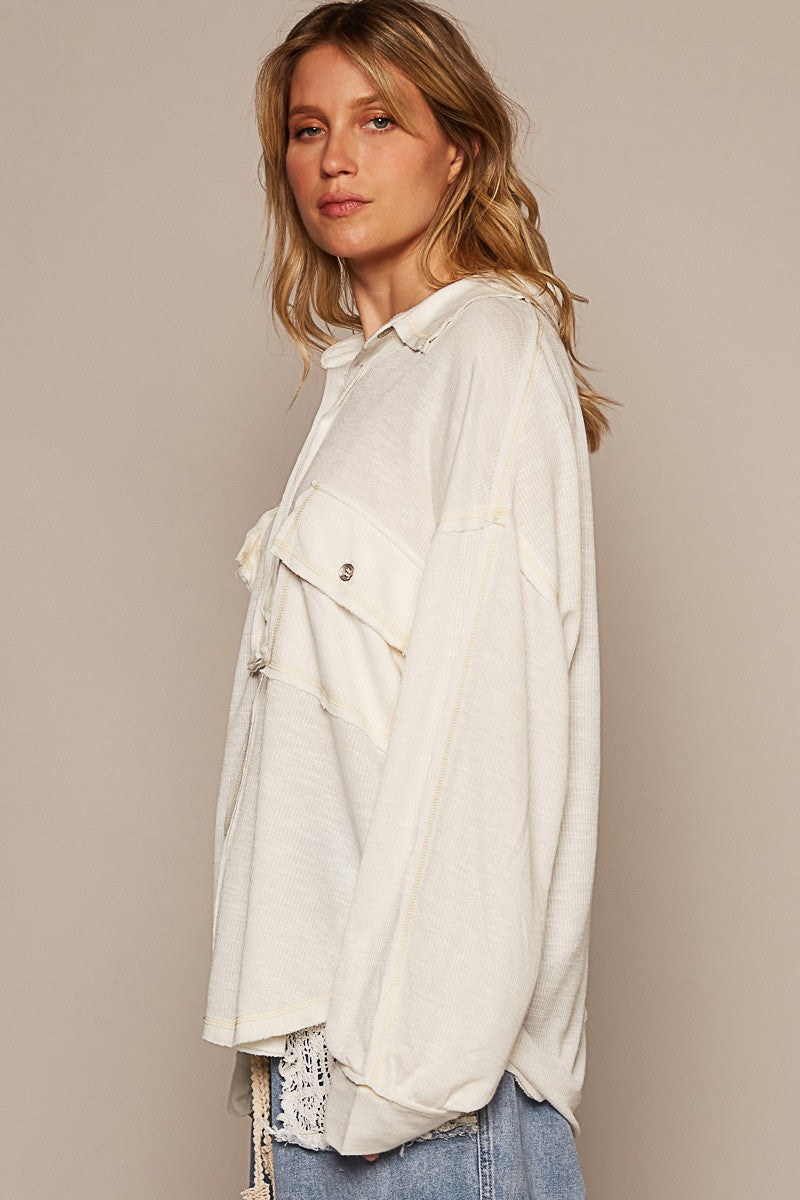 POL Vintage Washing Long Sleeve Front Pocket Top