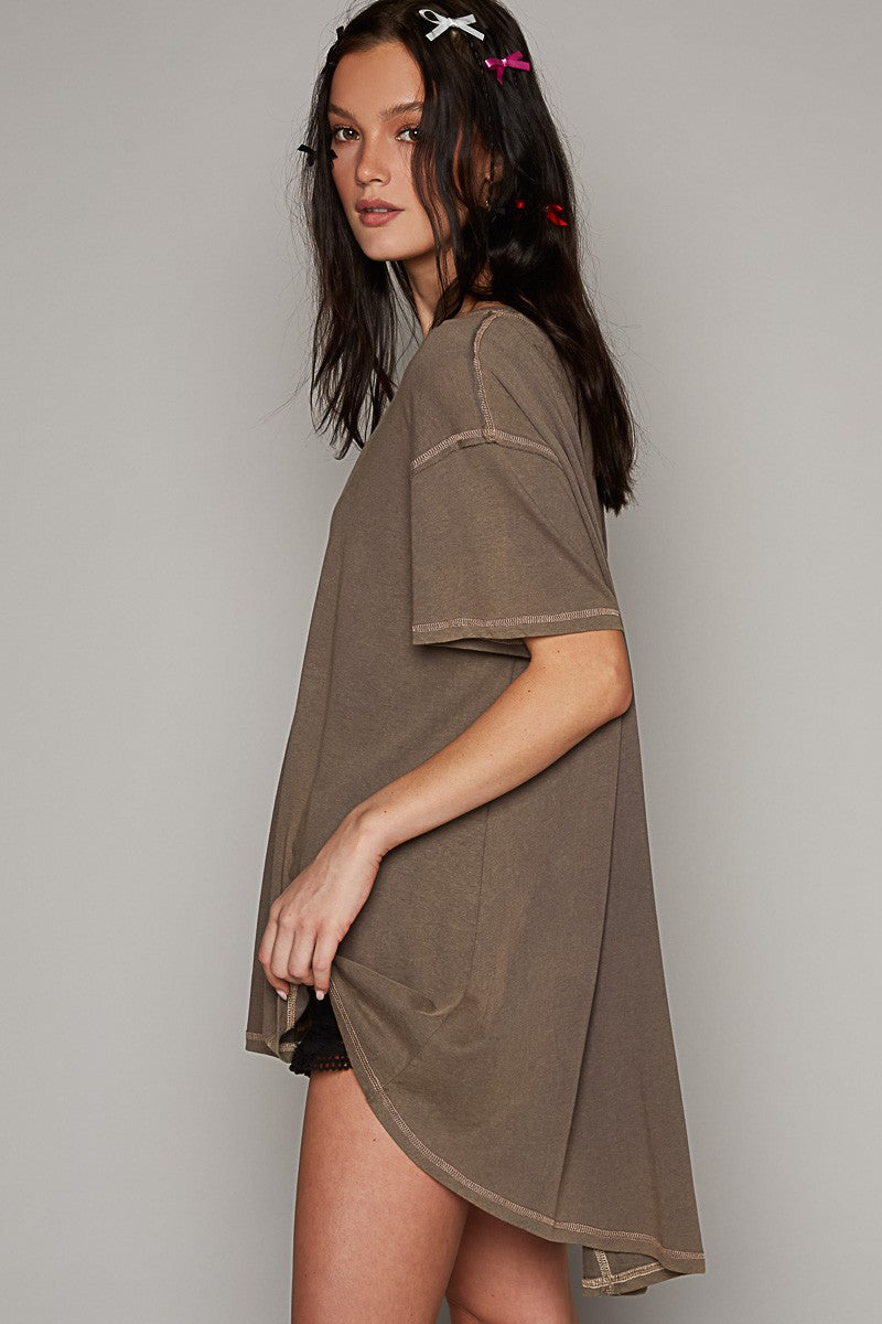 POL Vintage Washing Oversize V-Neck Solid Hi-Low Basic Top