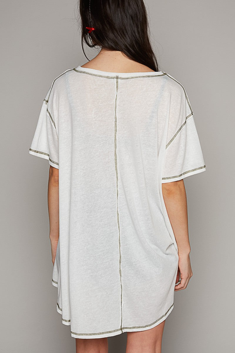 POL Vintage Washing Oversize V-Neck Solid Hi-Low Basic Top