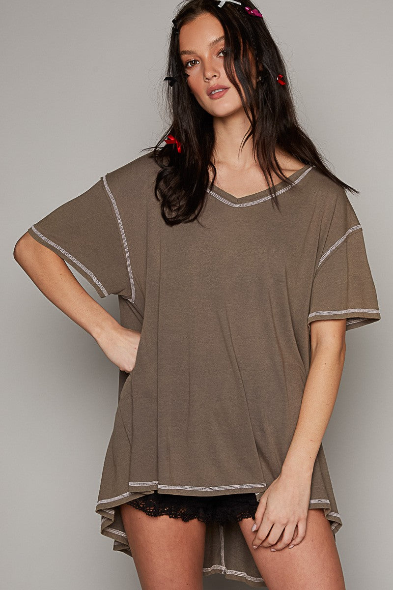 POL Vintage Washing Oversize V-Neck Solid Hi-Low Basic Top