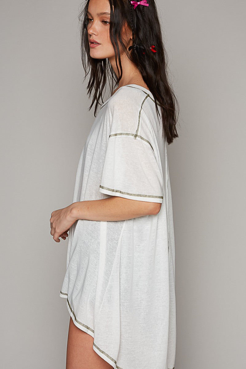 POL Vintage Washing Oversize V-Neck Solid Hi-Low Basic Top