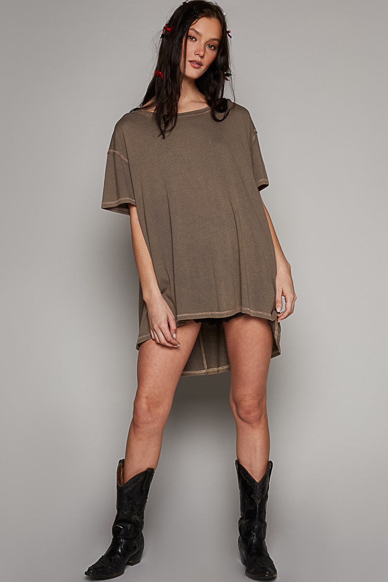 POL Vintage Washing Oversize V-Neck Solid Hi-Low Basic Top