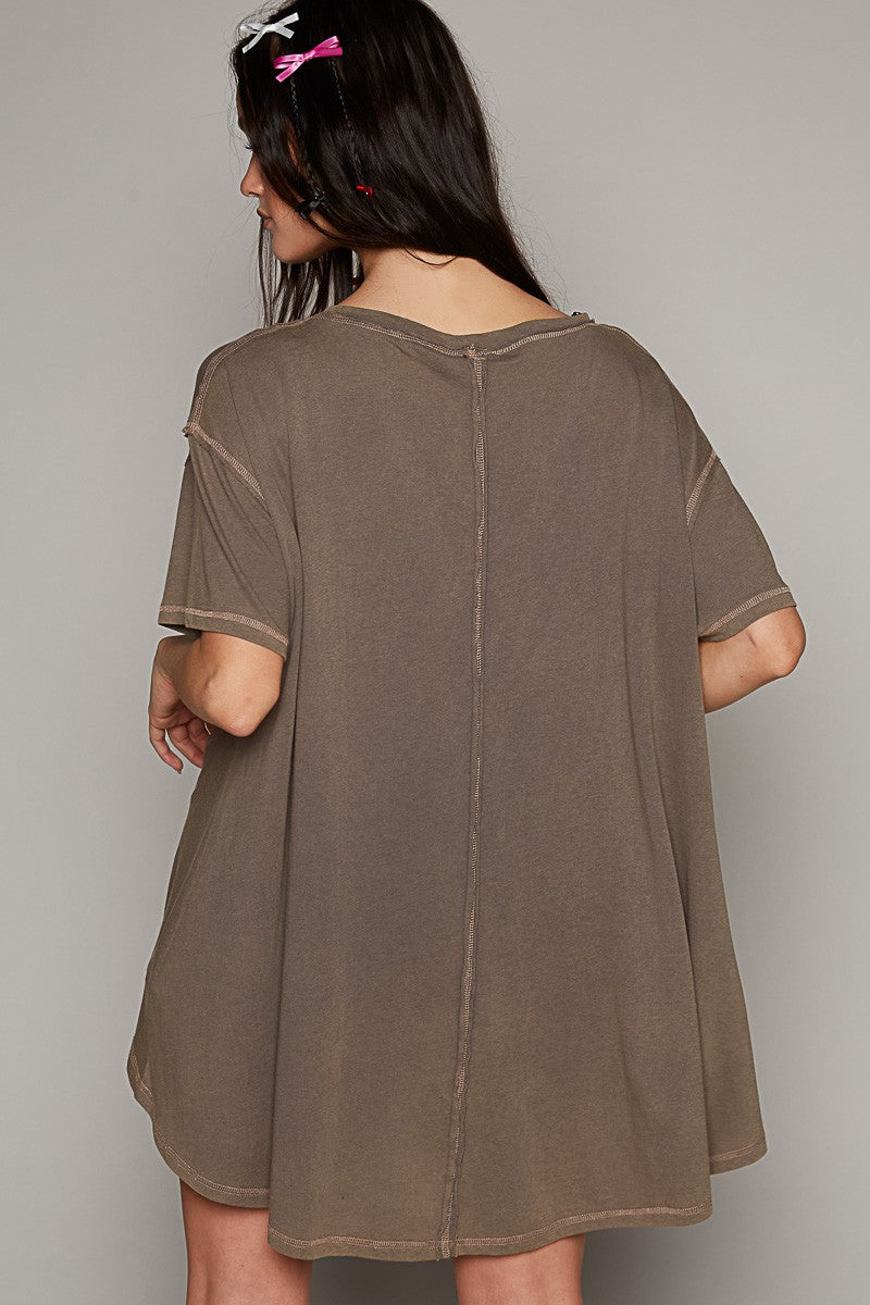 POL Vintage Washing Oversize V-Neck Solid Hi-Low Basic Top