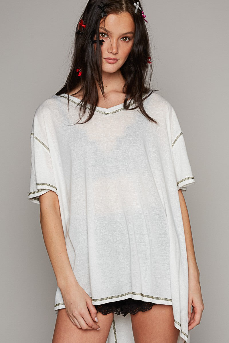 POL Vintage Washing Oversize V-Neck Solid Hi-Low Basic Top