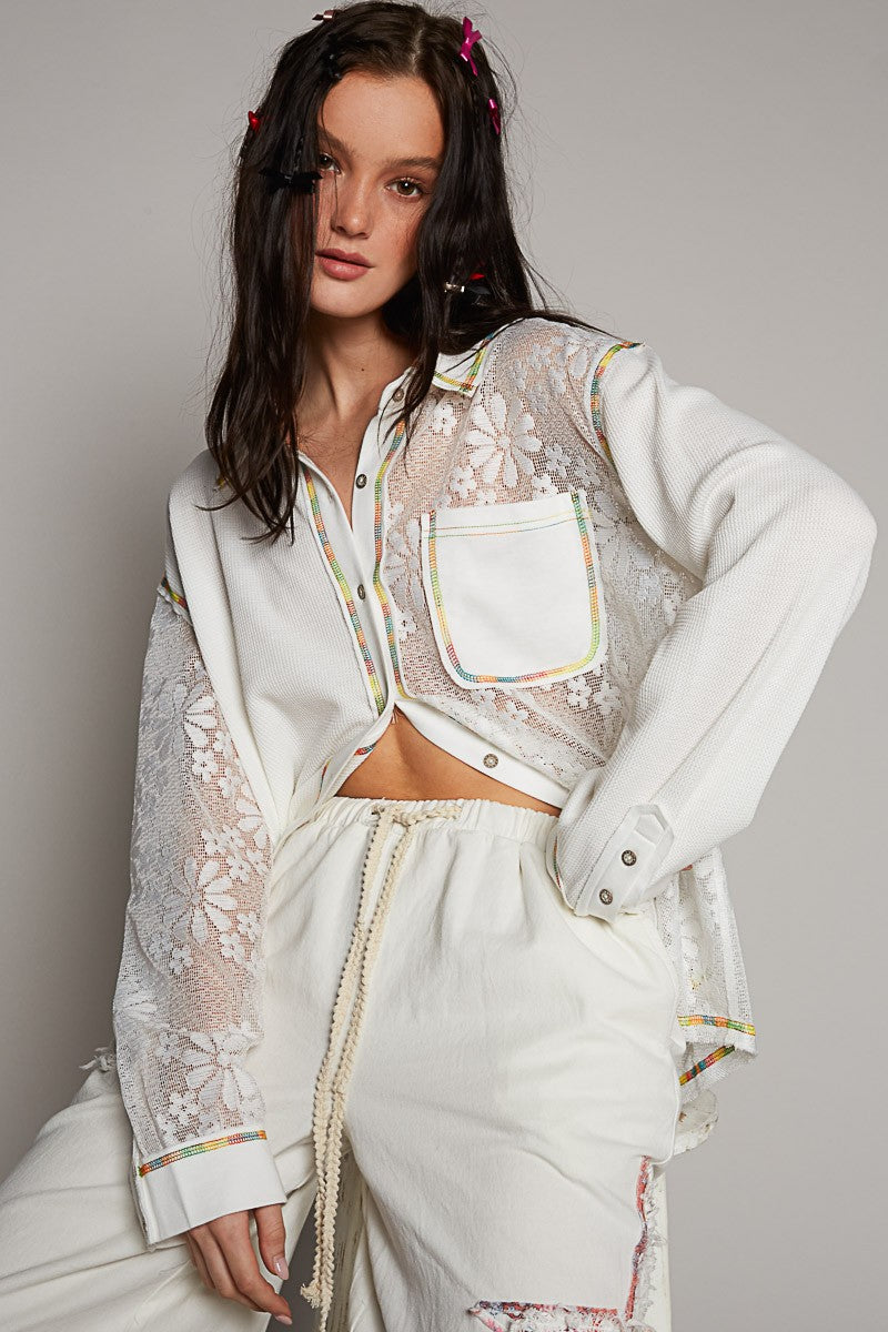 POL Collar Neck Lace Contrast Button Down Knit Top