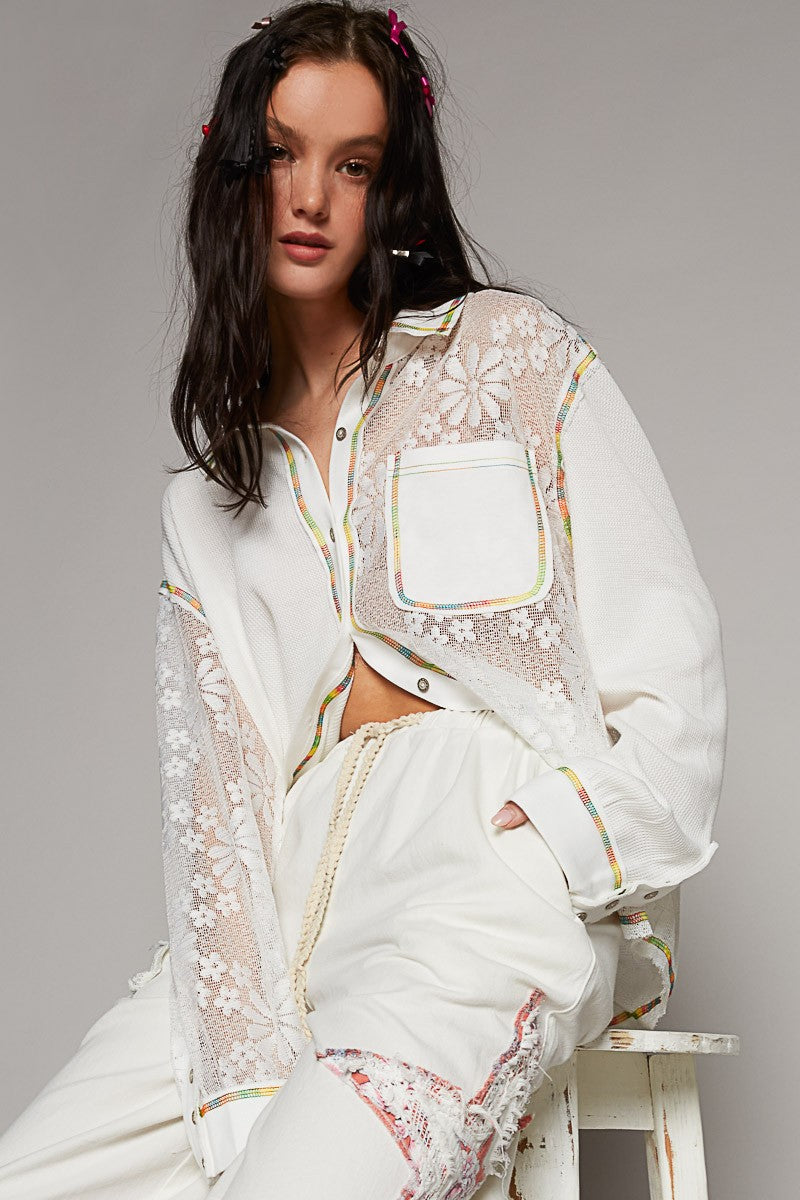 POL Collar Neck Lace Contrast Button Down Knit Top