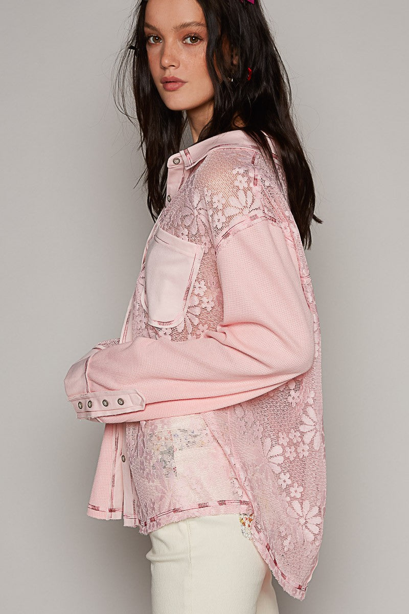 POL Collar Neck Lace Contrast Button Down Knit Top