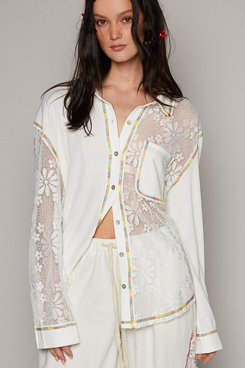 POL Collar Neck Lace Contrast Button Down Knit Top