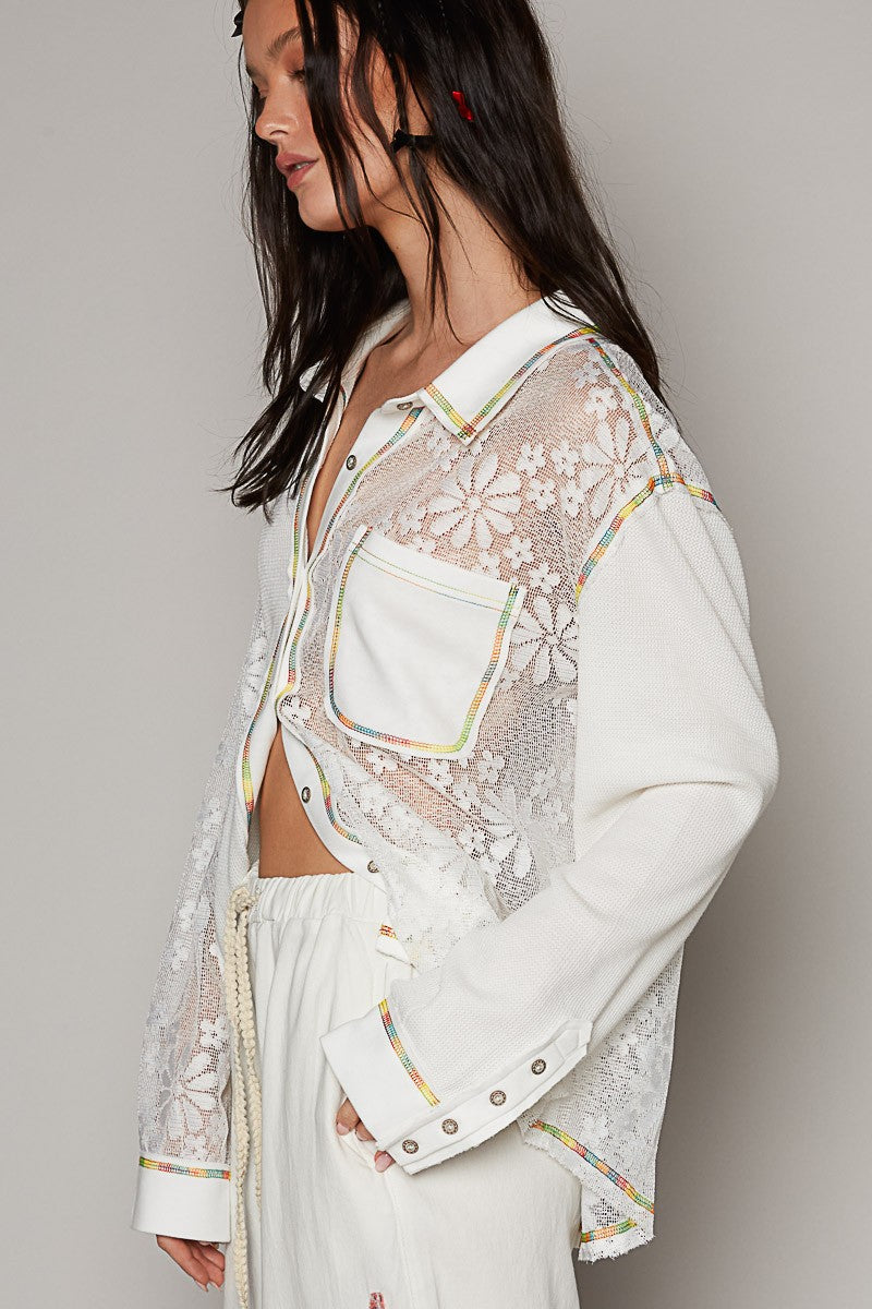 POL Collar Neck Lace Contrast Button Down Knit Top