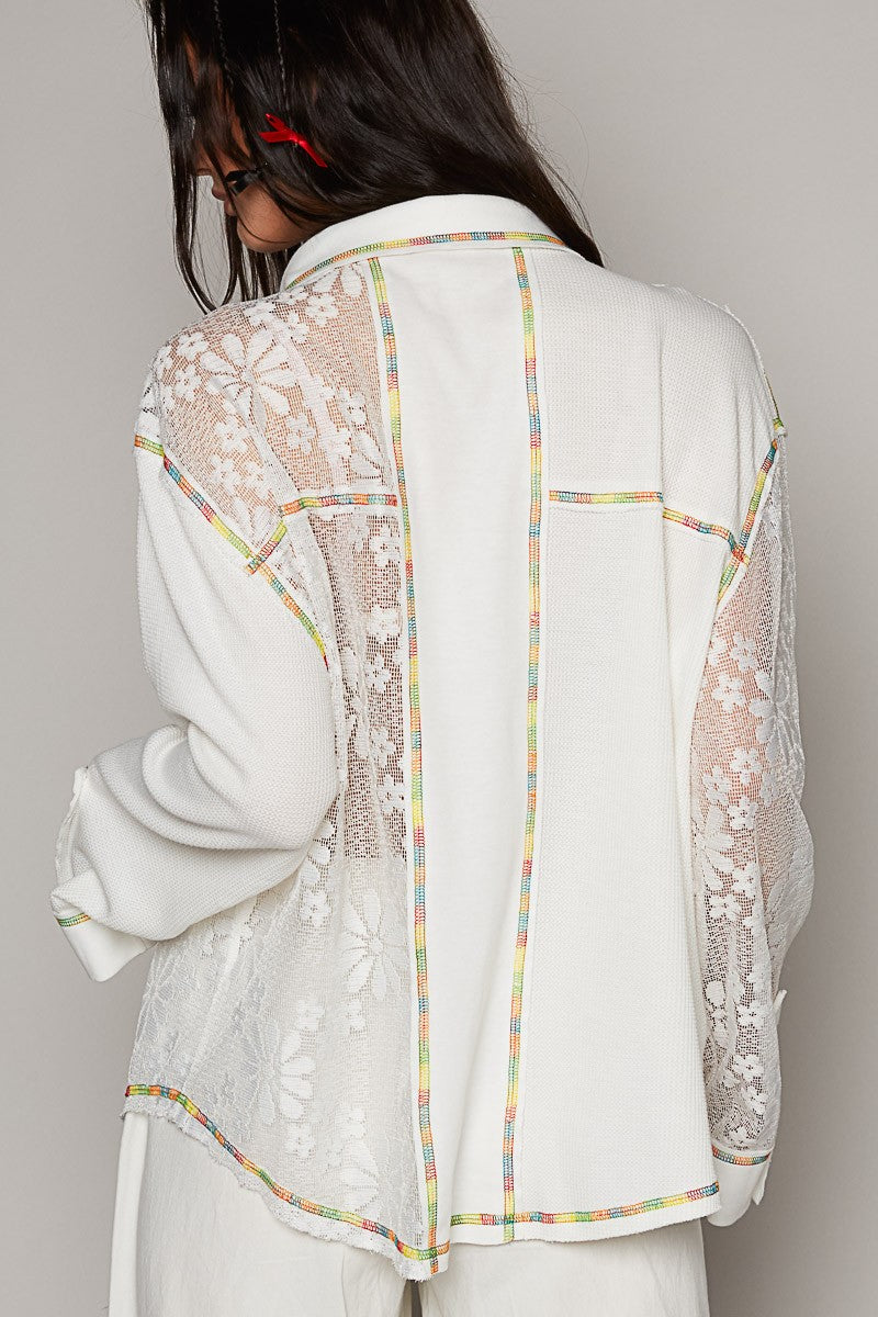 POL Collar Neck Lace Contrast Button Down Knit Top