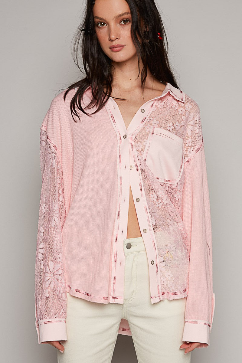 POL Collar Neck Lace Contrast Button Down Knit Top