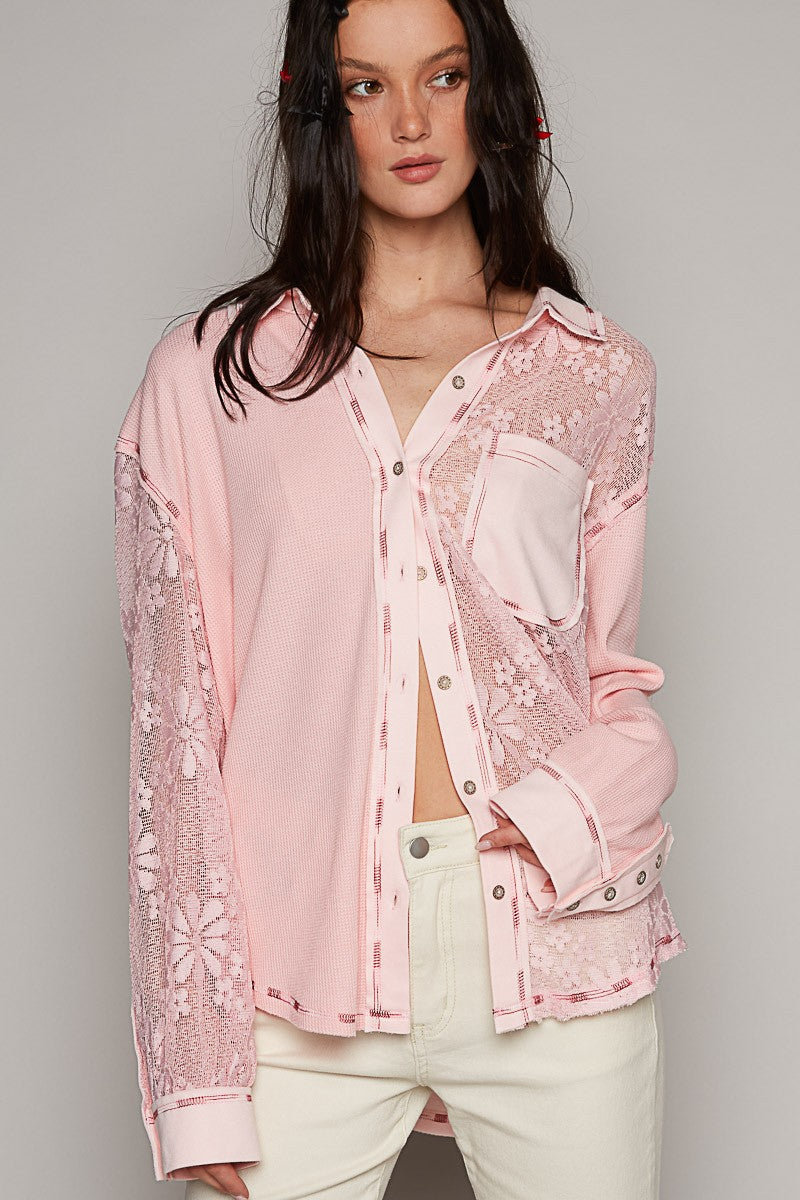 POL Collar Neck Lace Contrast Button Down Knit Top