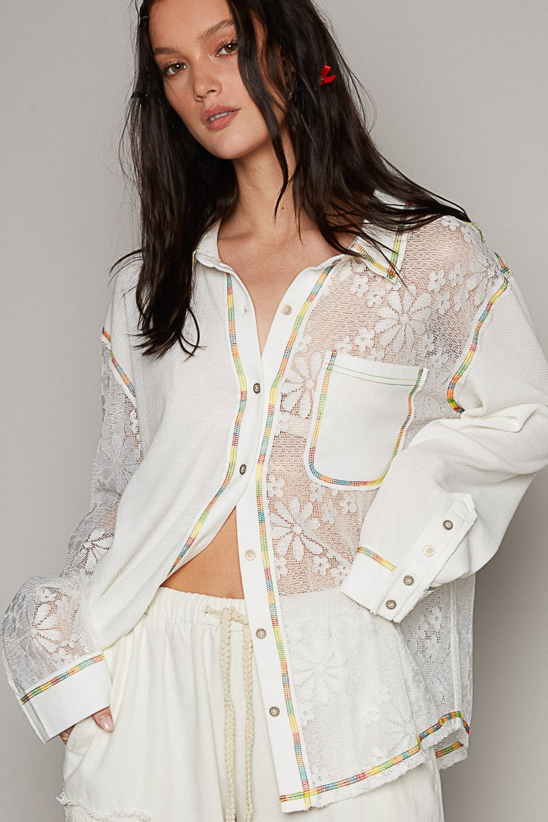 POL Collar Neck Lace Contrast Button Down Knit Top