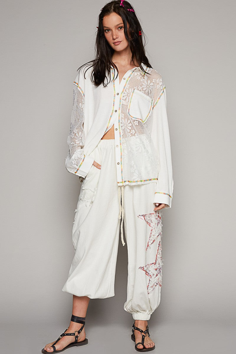 POL Collar Neck Lace Contrast Button Down Knit Top