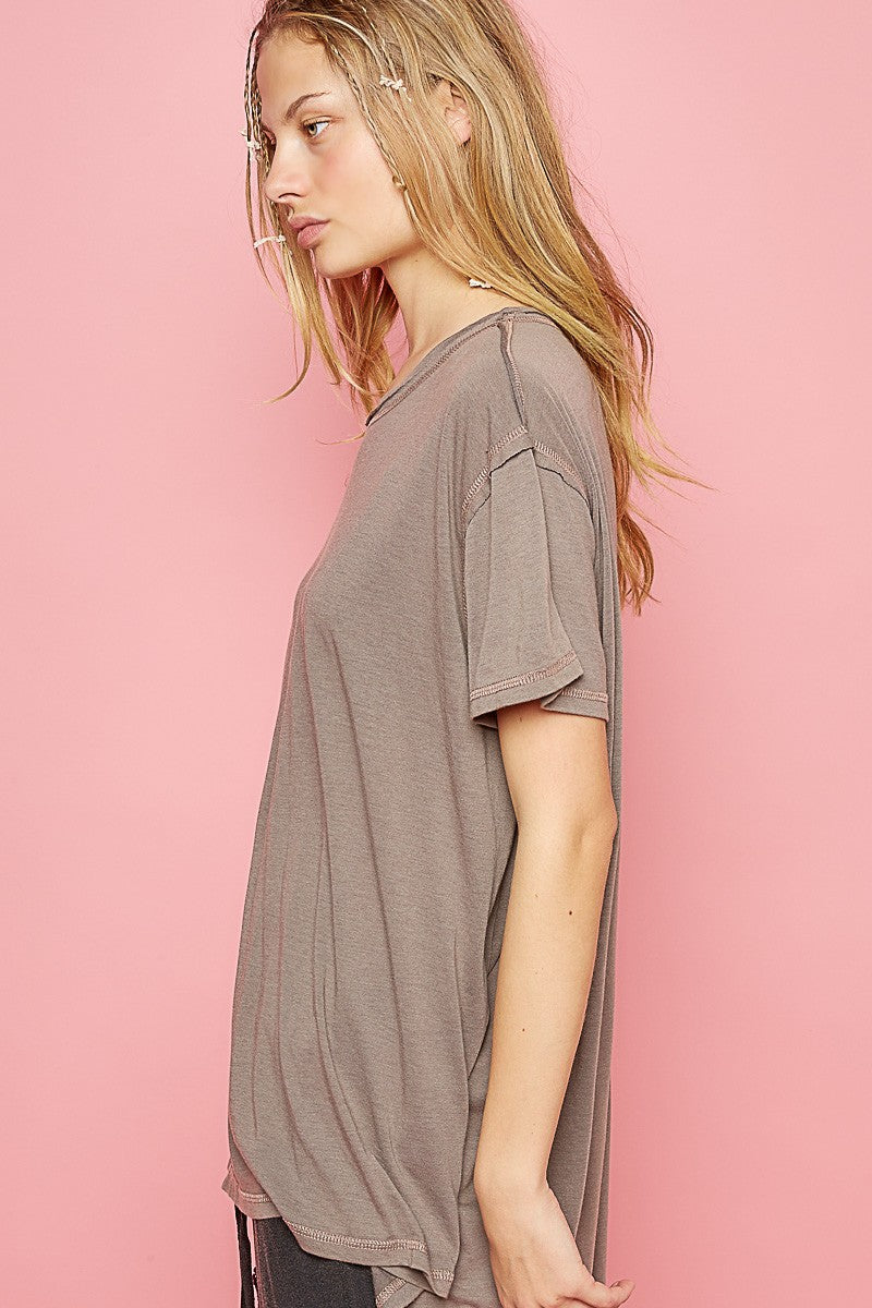 POL Oversize Round Neck High Low Soild Knit Top
