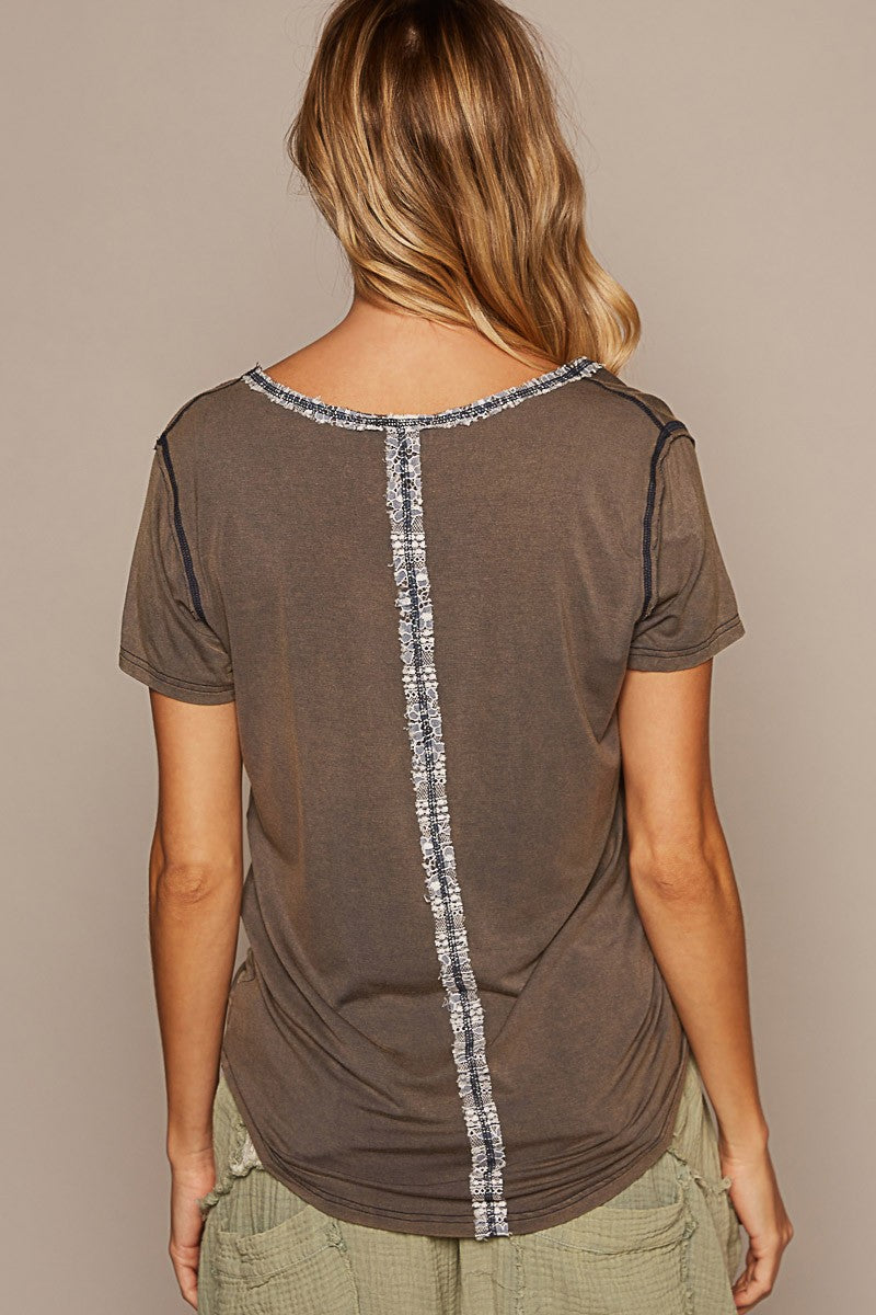 POL Short Sleeve Button Placket V Neck Knit Top