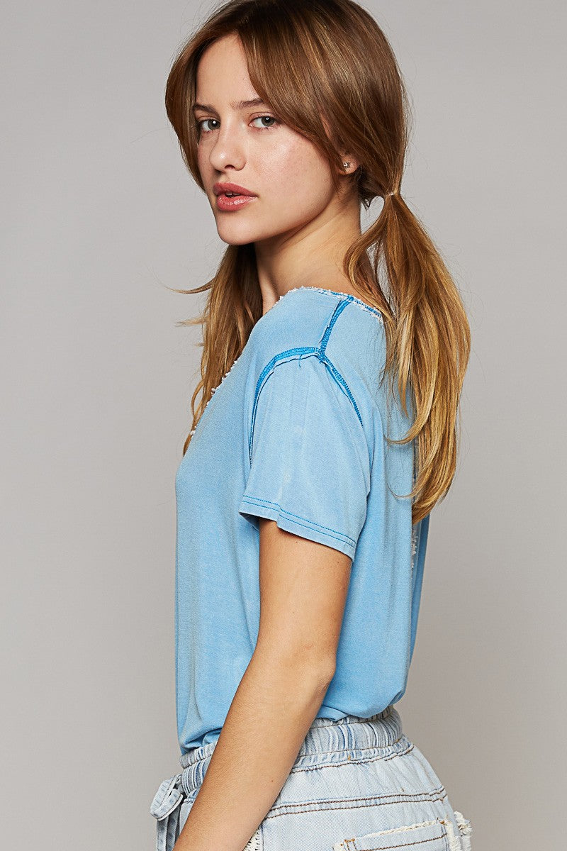 POL Short Sleeve Button Placket V Neck Knit Top