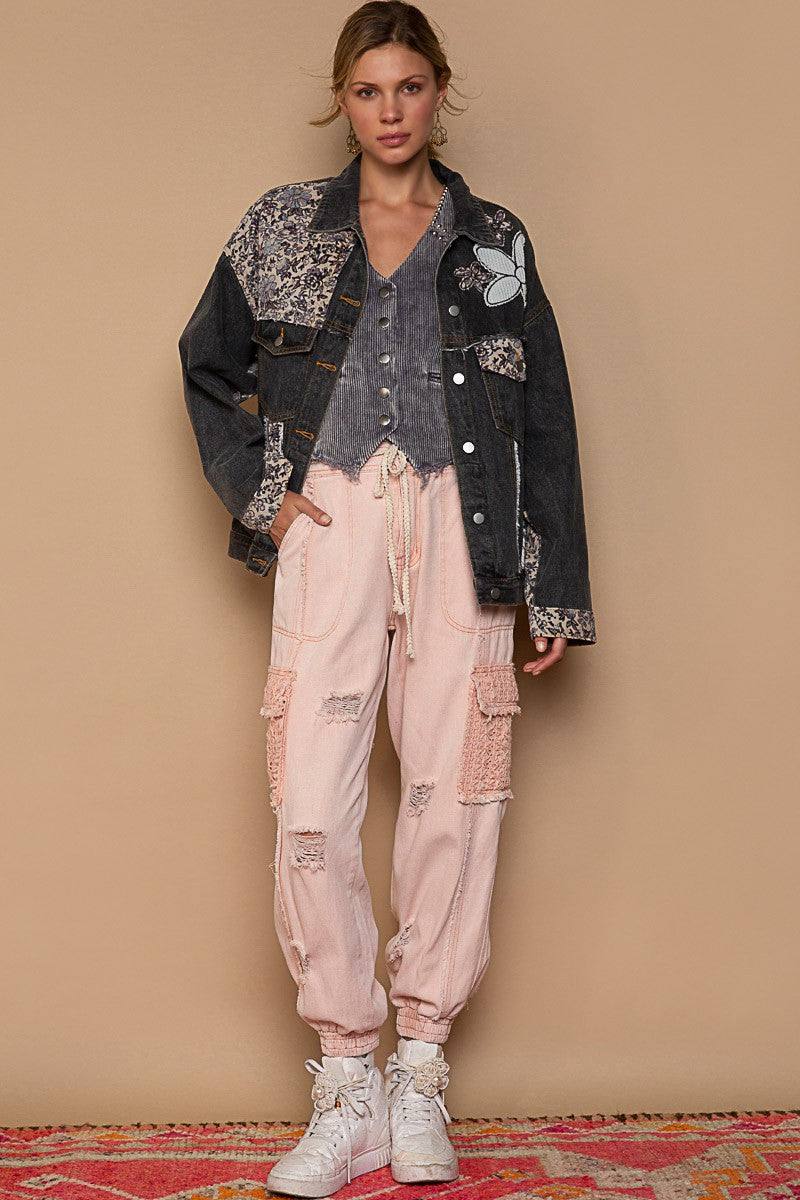 POL Lace Floral Patch Work Button Down Collared Denim Jacket