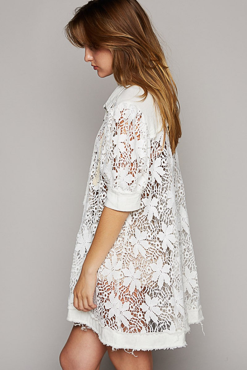 POL Short Balloon Sleeve Floral Lace Button Down Shrit Top