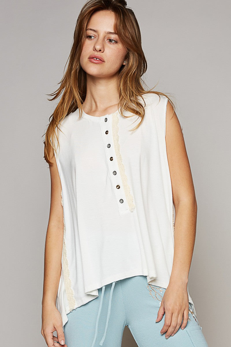 POL Round Neck Lace Trim Front Button Knit Top