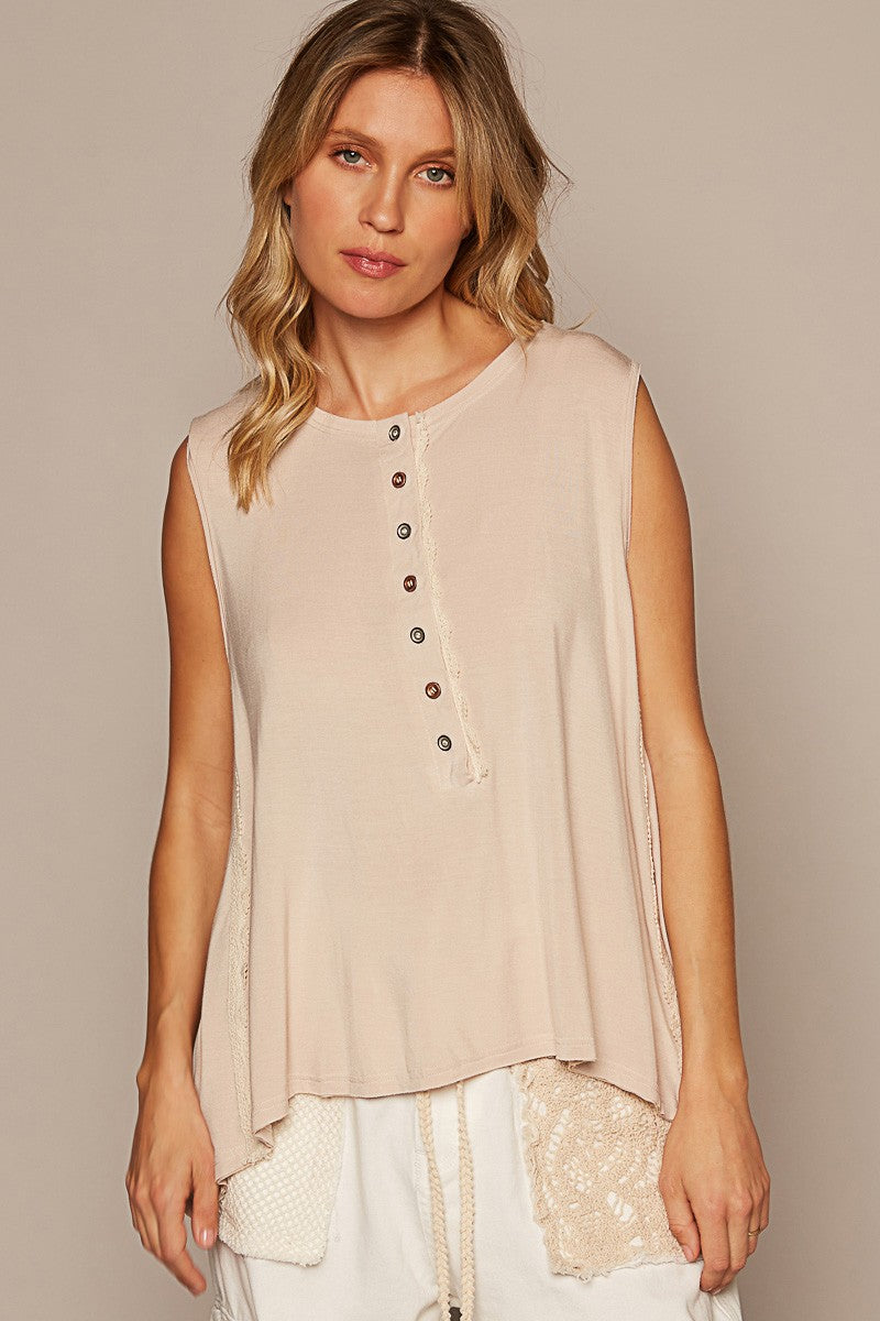 POL Round Neck Lace Trim Front Button Knit Top