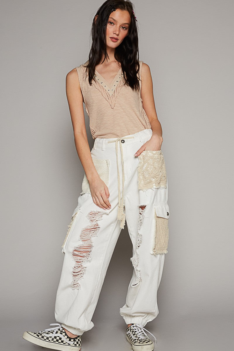 POL Round Neck Sleeveless Ruffle Shirring Woven Top