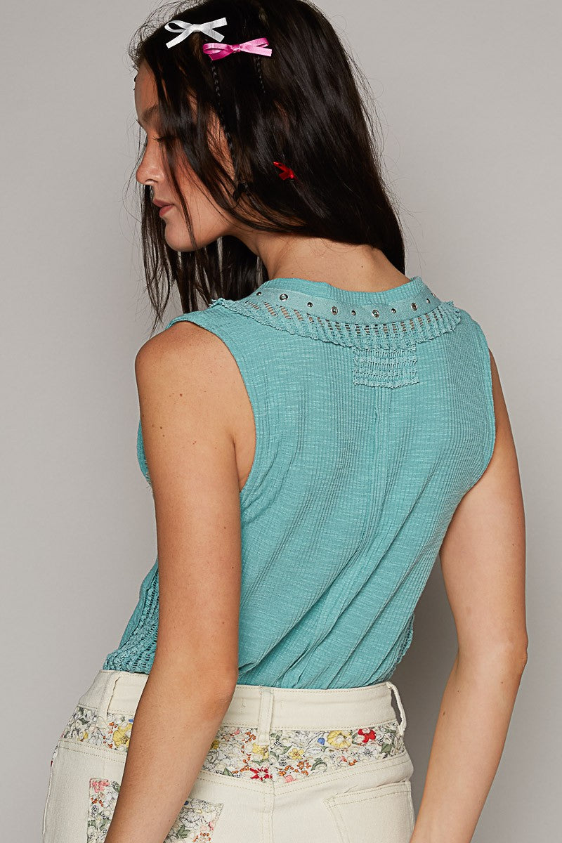 POL Round Neck Sleeveless Ruffle Shirring Woven Top