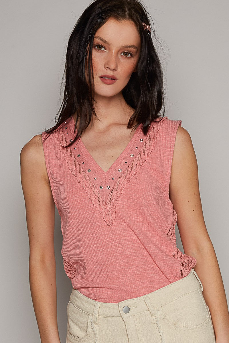 POL Round Neck Sleeveless Ruffle Shirring Woven Top