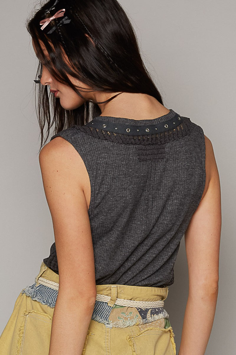 POL Round Neck Sleeveless Ruffle Shirring Woven Top