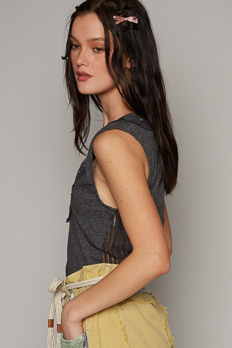 POL Round Neck Sleeveless Ruffle Shirring Woven Top