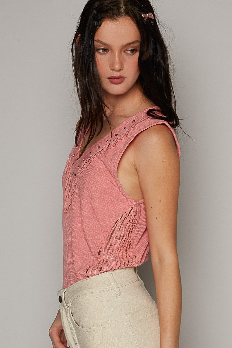 POL Round Neck Sleeveless Ruffle Shirring Woven Top