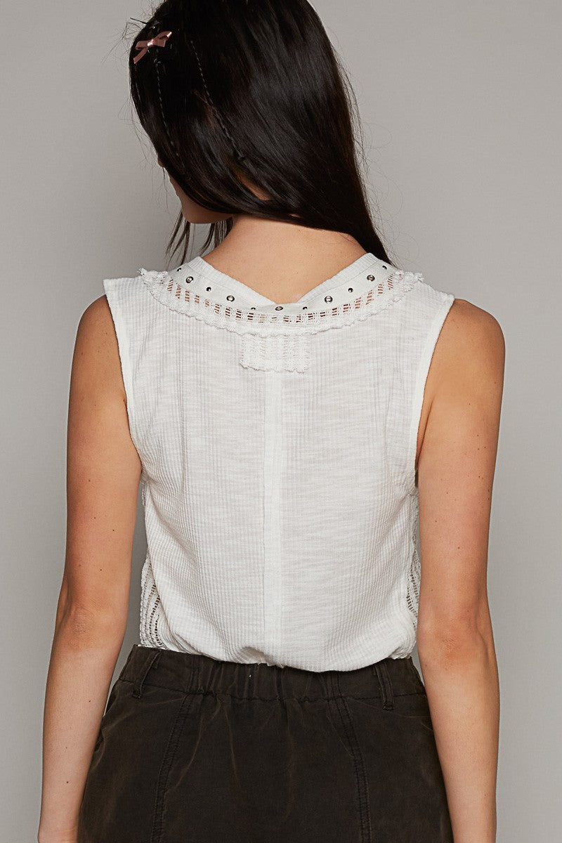 POL Round Neck Sleeveless Ruffle Shirring Woven Top