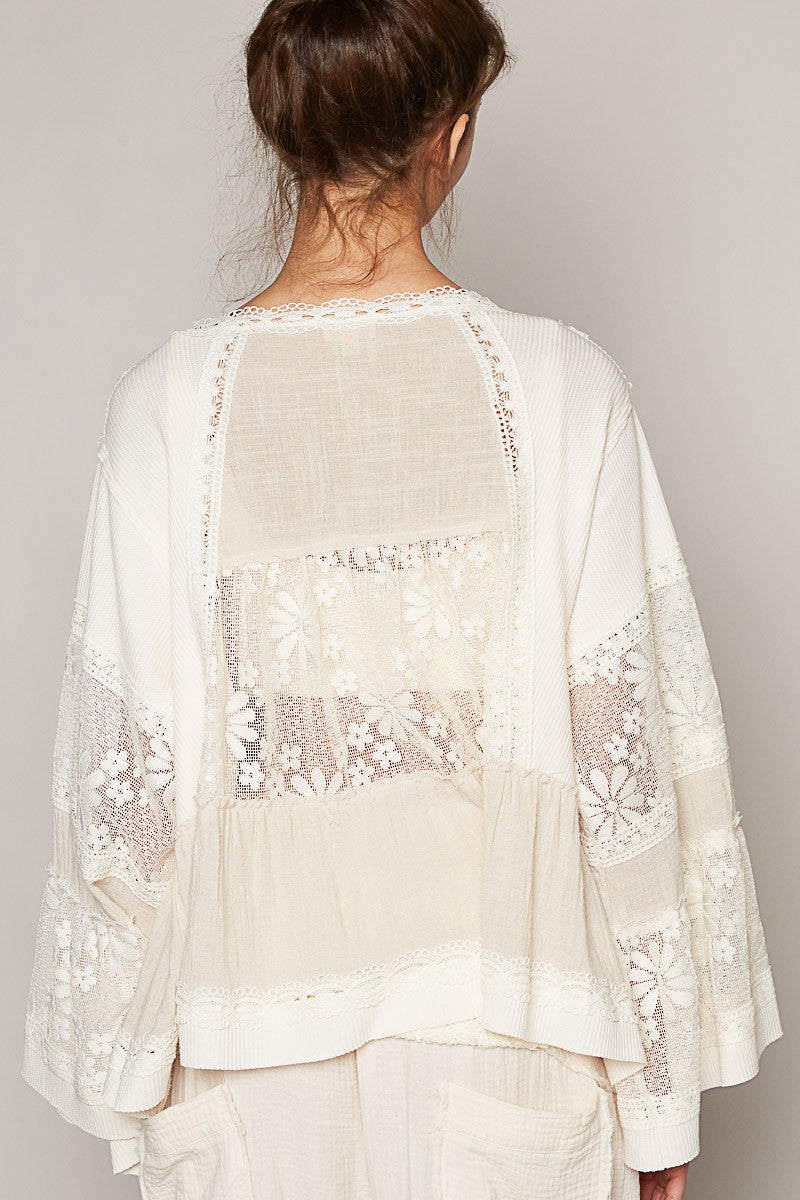 POL Wide Long Sleeve Lace Trim Crop Open Knit Cardigan Top