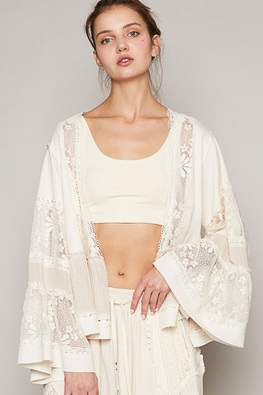 POL Wide Long Sleeve Lace Trim Crop Open Knit Cardigan Top