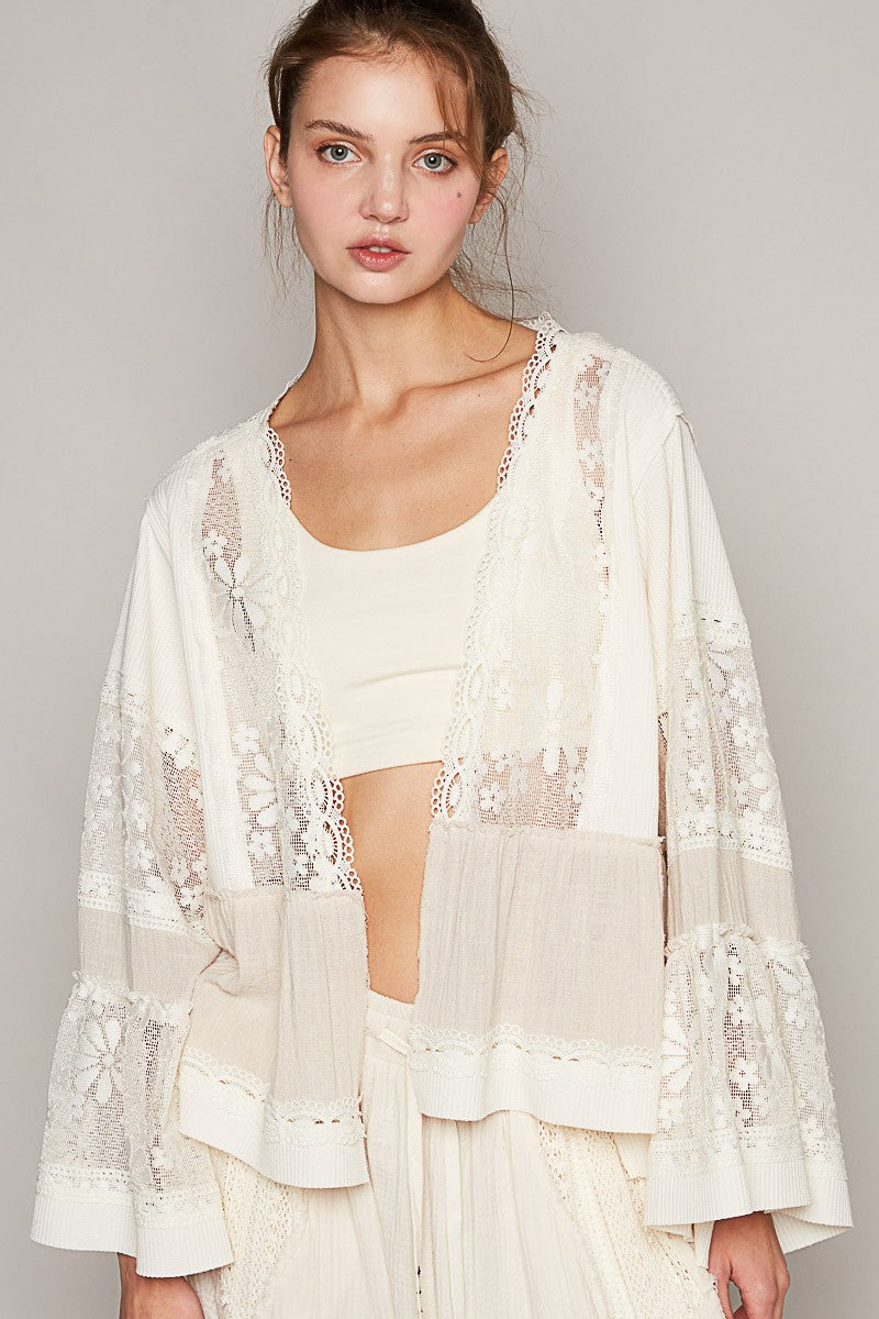 POL Wide Long Sleeve Lace Trim Crop Open Knit Cardigan Top