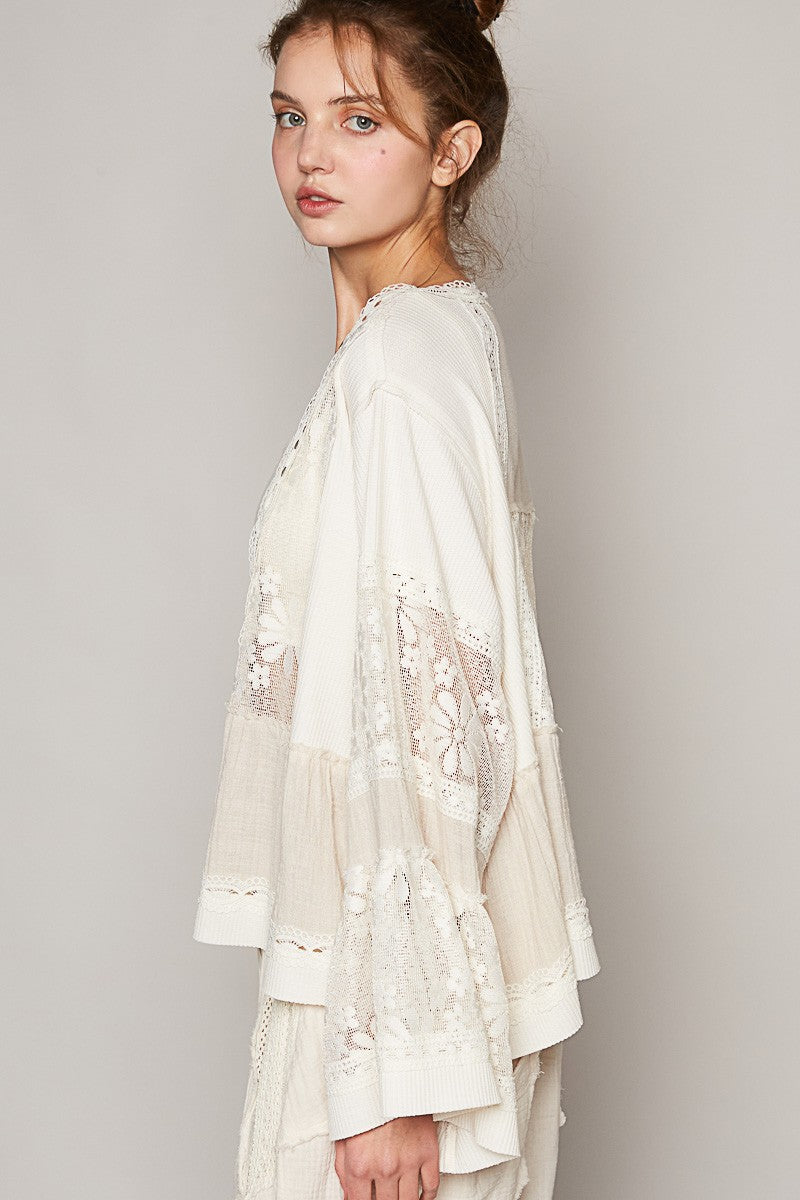 POL Wide Long Sleeve Lace Trim Crop Open Knit Cardigan Top